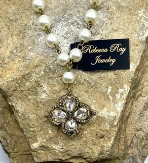 Boho Crystal Floral Charm Necklace | Cream Glass Bead Rosary Chain | 18"